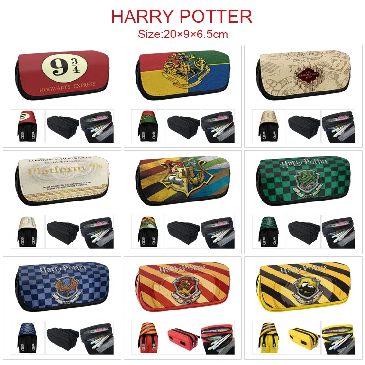 Harry Potter Inspired Pencil Case – All 4 House Crests Full Color Print Double-Layer Zipper Stationery Bag, Large Capacity Canvas Pencil Pouch for Students & Fans